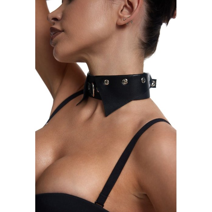 Черный однослойный кожаный ошейник с имитацией воротничка. Фотография 4.