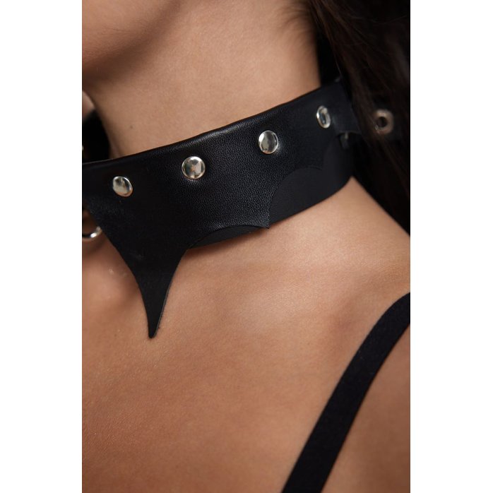 Черный однослойный кожаный ошейник с имитацией фигурного воротничка. Фотография 3.