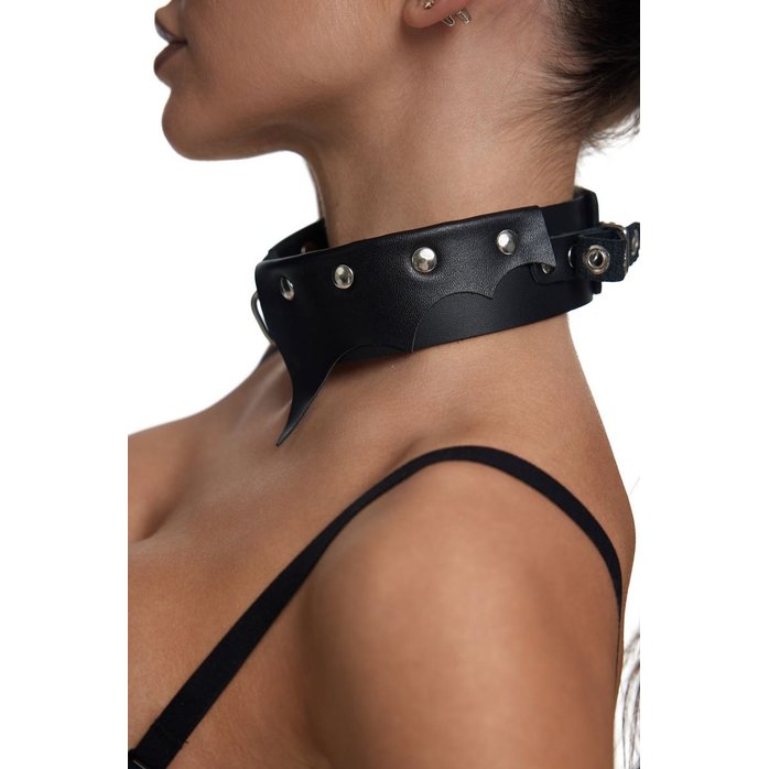 Черный однослойный кожаный ошейник с имитацией фигурного воротничка. Фотография 4.