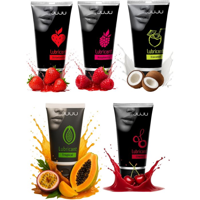 Набор из 5 съедобных лубрикантов JUJU (клубника, малина, тропические фрукты, вишня, кокос)