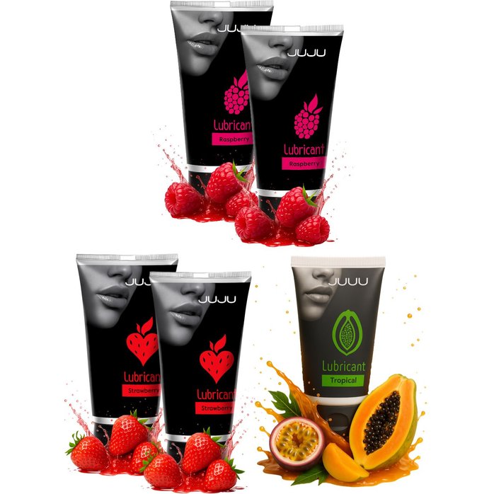 Набор из 5 съедобных лубрикантов JUJU (клубника х 2, малина х 2, тропические фрукты)