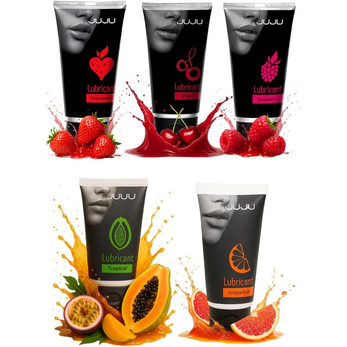 Набор из 5 съедобных лубрикантов JUJU (клубника, малина, тропические фрукты, вишня, грейпфрут)