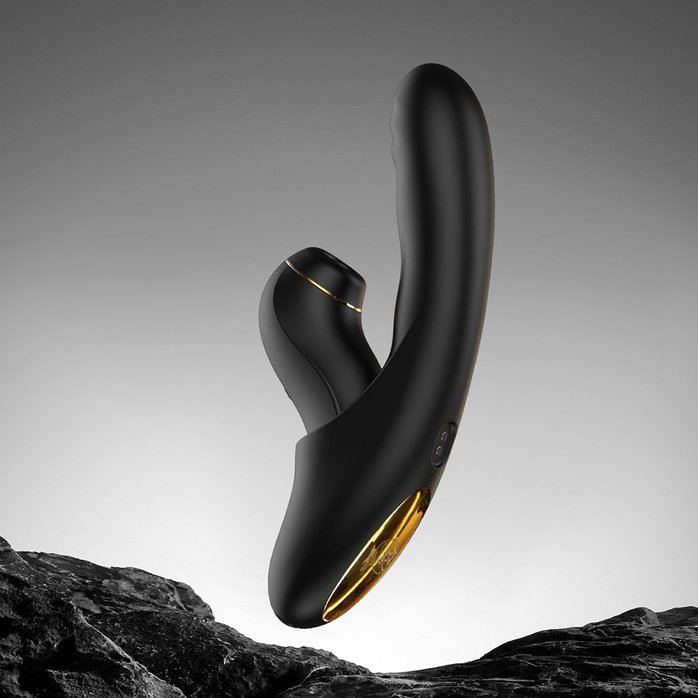 Черный вибратор с возвратно-поступательными движениями и вакуумом Fatima - 19,2 см. Фотография 4.