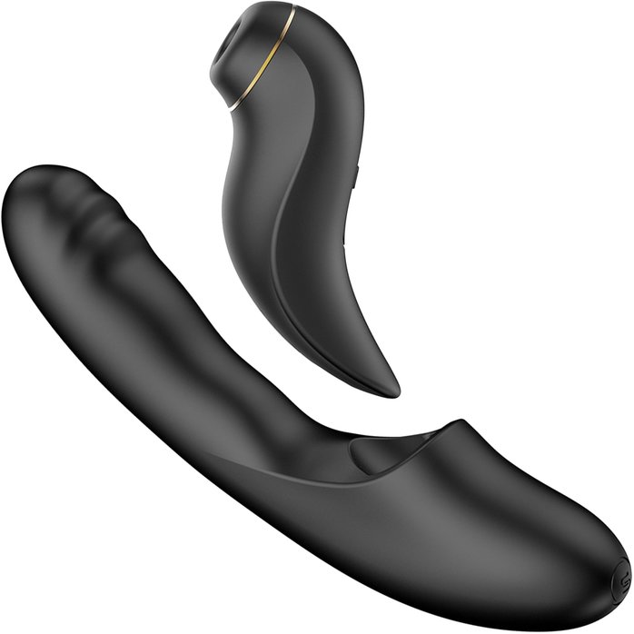 Черный вибратор с возвратно-поступательными движениями и вакуумом Fatima - 19,2 см. Фотография 7.