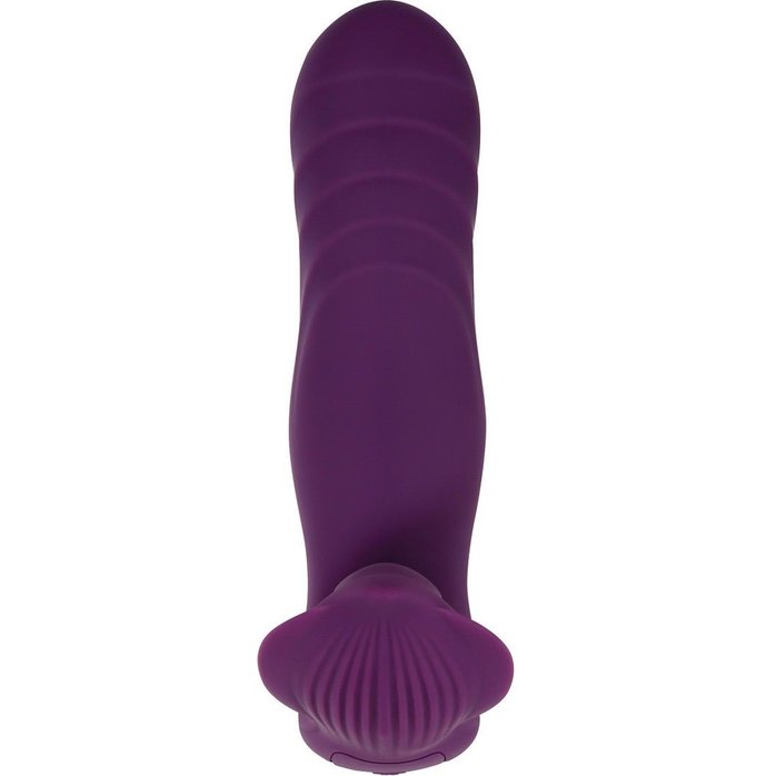 Фиолетовый ударный вибромассажер с клиторальным стимулятором. Фотография 2.