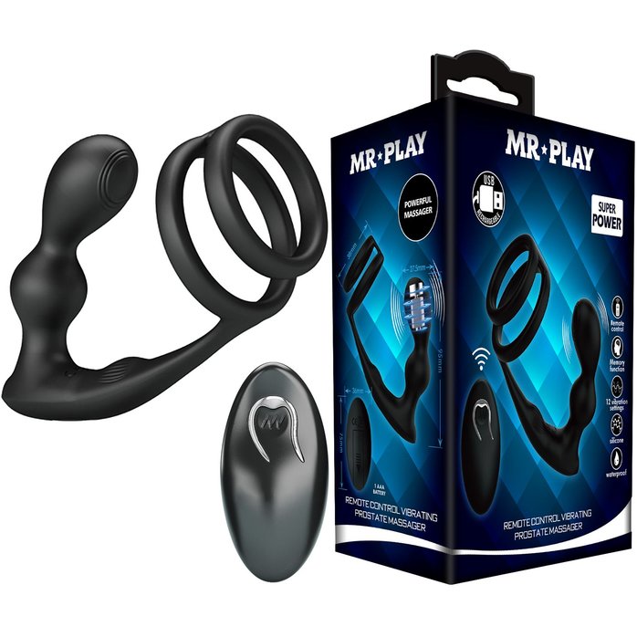 Черный вибростимулятор простаты с фиксацией кольцами. Фотография 2.