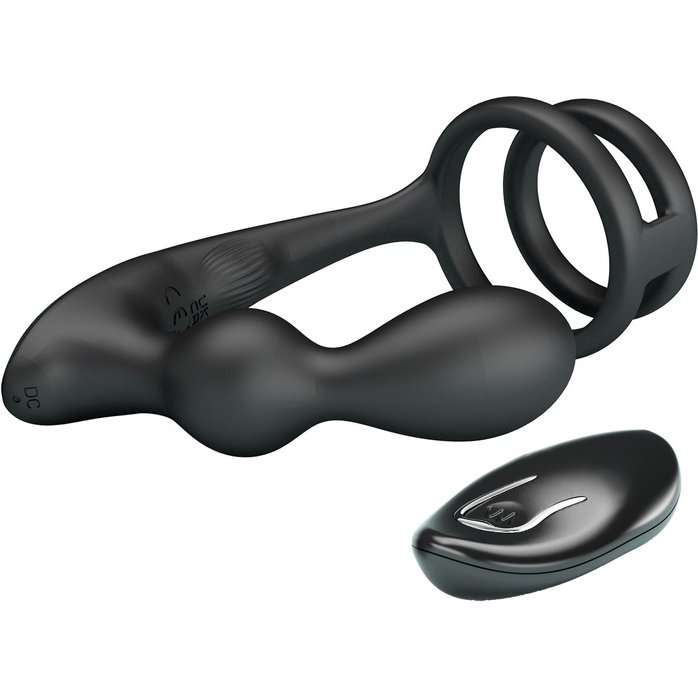 Черный вибростимулятор простаты с фиксацией кольцами. Фотография 5.