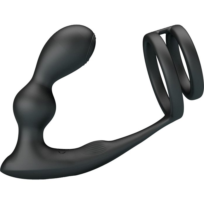 Черный вибростимулятор простаты с фиксацией кольцами