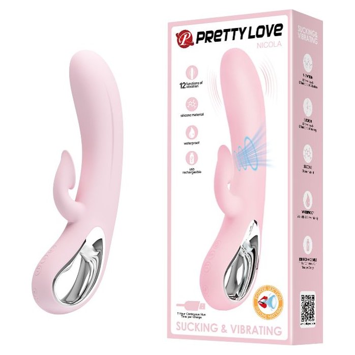 Нежно-розовый вибратор Nicola с вакуумной клиторальной стимуляцией - 24 см - Pretty Love. Фотография 2.