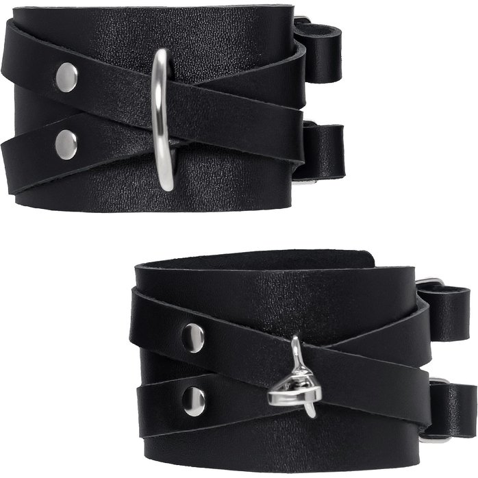 Черные кожаные оковы с двумя перекрёстными ремешками. Фотография 2.