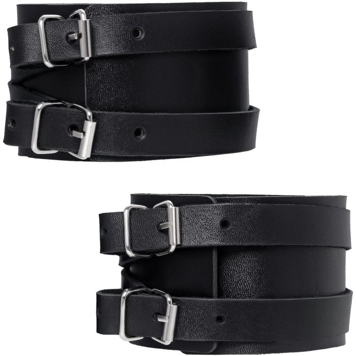 Черные кожаные оковы с двумя перекрёстными ремешками. Фотография 3.