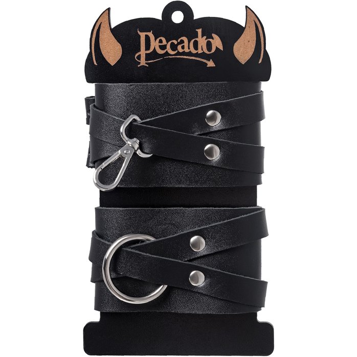 Черные кожаные оковы с двумя перекрёстными ремешками. Фотография 8.