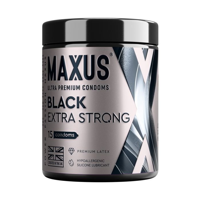 Черные утолщенные презервативы MAXUS Extra Strong с железным кейсом - 15 шт