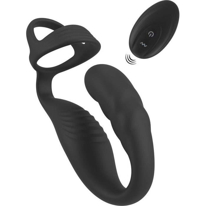 Черное эрекционное кольцо со стимуляцией промежности и анальной пробкой Cock Ring with RC Prostate Plug. Фотография 2.