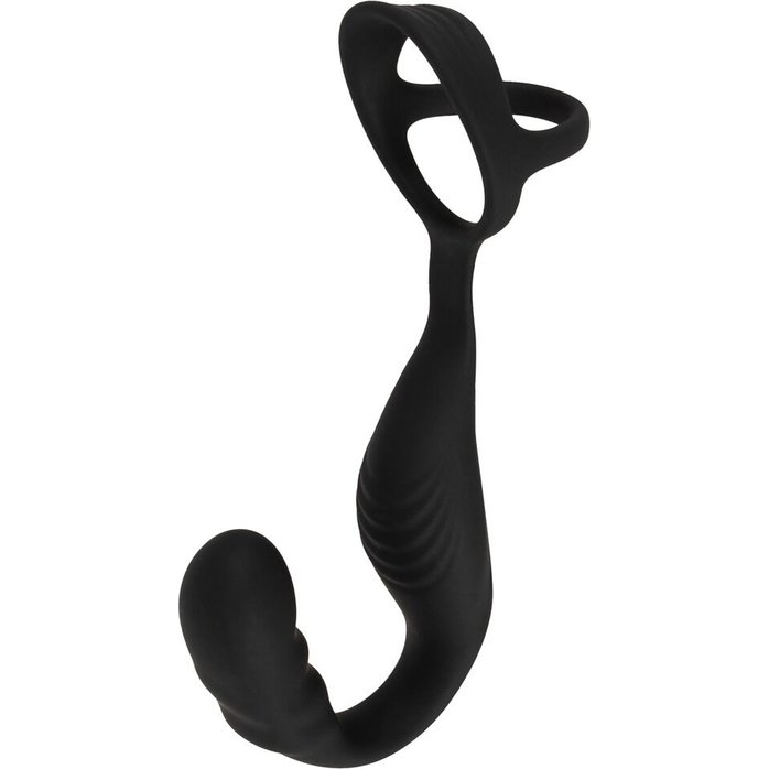 Черное эрекционное кольцо со стимуляцией промежности и анальной пробкой Cock Ring with RC Prostate Plug. Фотография 3.