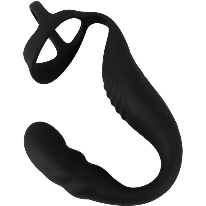Черное эрекционное кольцо со стимуляцией промежности и анальной пробкой Cock Ring with RC Prostate Plug. Фотография 5.
