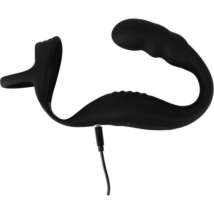 Черное эрекционное кольцо со стимуляцией промежности и анальной пробкой Cock Ring with RC Prostate Plug. Фотография 7.