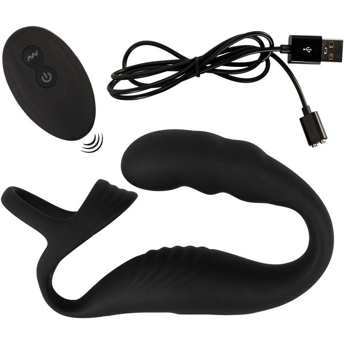 Черное эрекционное кольцо со стимуляцией промежности и анальной пробкой Cock Ring with RC Prostate Plug. Фотография 8.