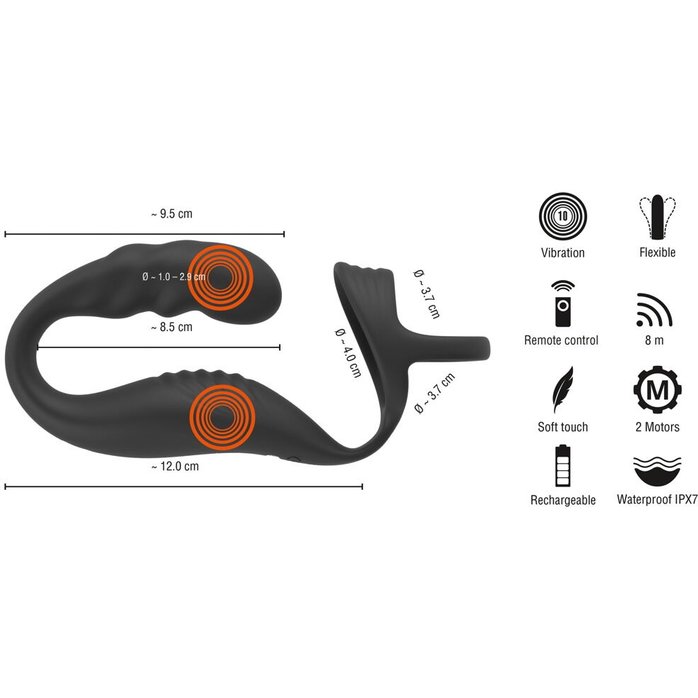 Черное эрекционное кольцо со стимуляцией промежности и анальной пробкой Cock Ring with RC Prostate Plug. Фотография 9.