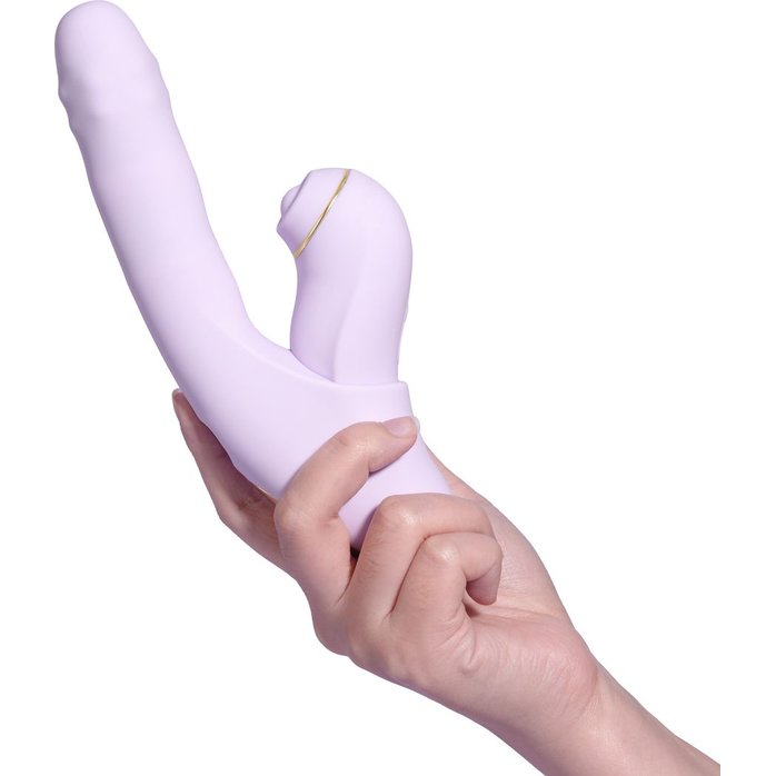 Сиреневый вибромассажер со съёмным клиторальным пульсатором DuoGlow. Фотография 5.