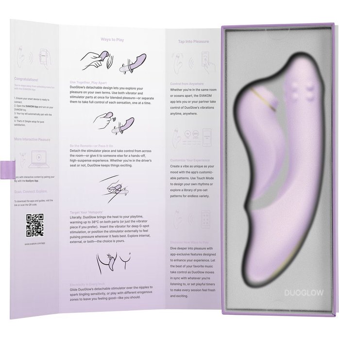 Сиреневый вибромассажер со съёмным клиторальным пульсатором DuoGlow. Фотография 8.