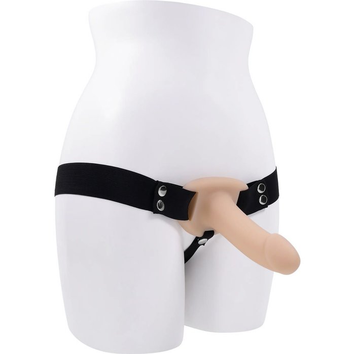 Телесный полый страпон с черными эластичными ремешками Our First Hollow Strap On. Фотография 3.