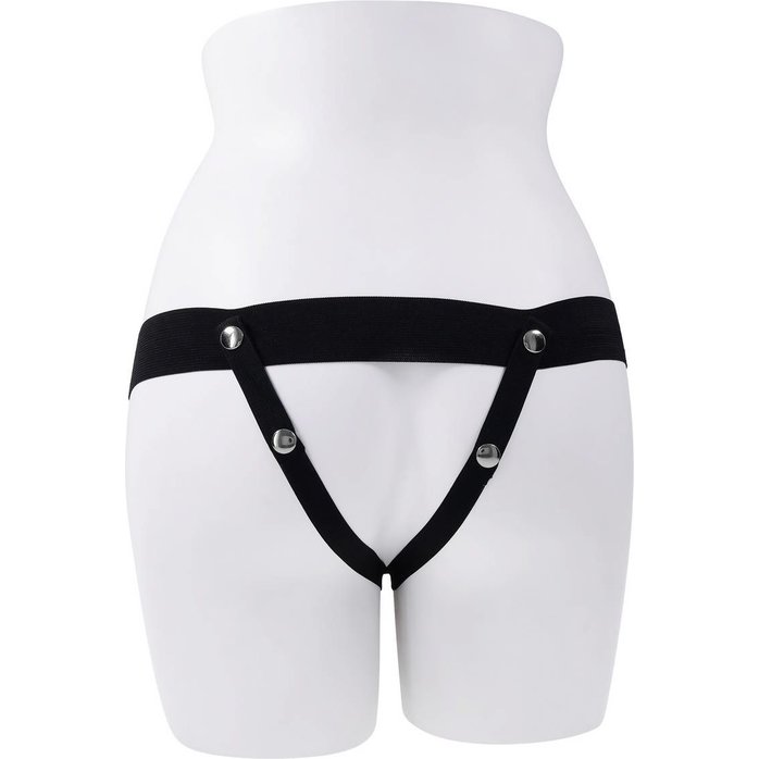 Телесный полый страпон с черными эластичными ремешками Our First Hollow Strap On. Фотография 4.