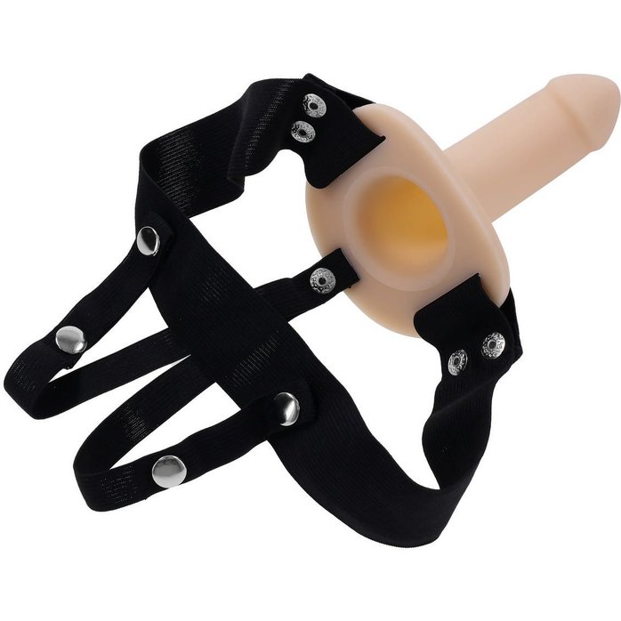 Телесный полый страпон с черными эластичными ремешками Our First Hollow Strap On. Фотография 7.