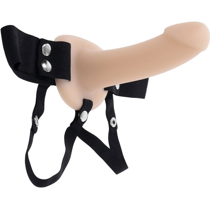 Телесный полый страпон с черными эластичными ремешками Our First Hollow Strap On