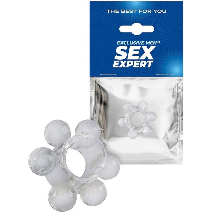 Прозрачное эластичное эрекционное кольцо с 6 шариками - SEX EXPERT