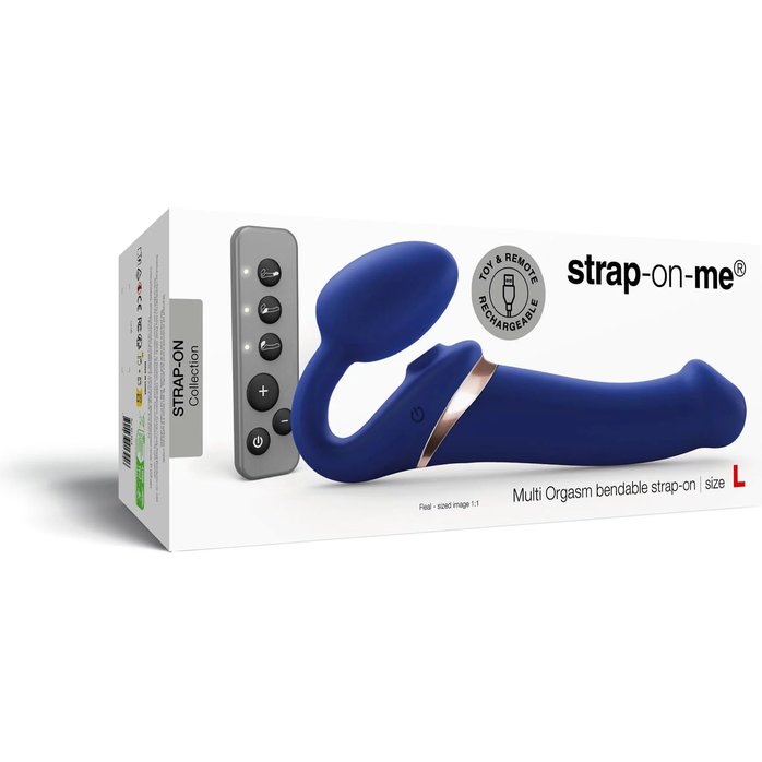 Синий безремневой страпон Multi Orgasm Bendable Strap-On size L с клиторальной стимуляцией. Фотография 6.