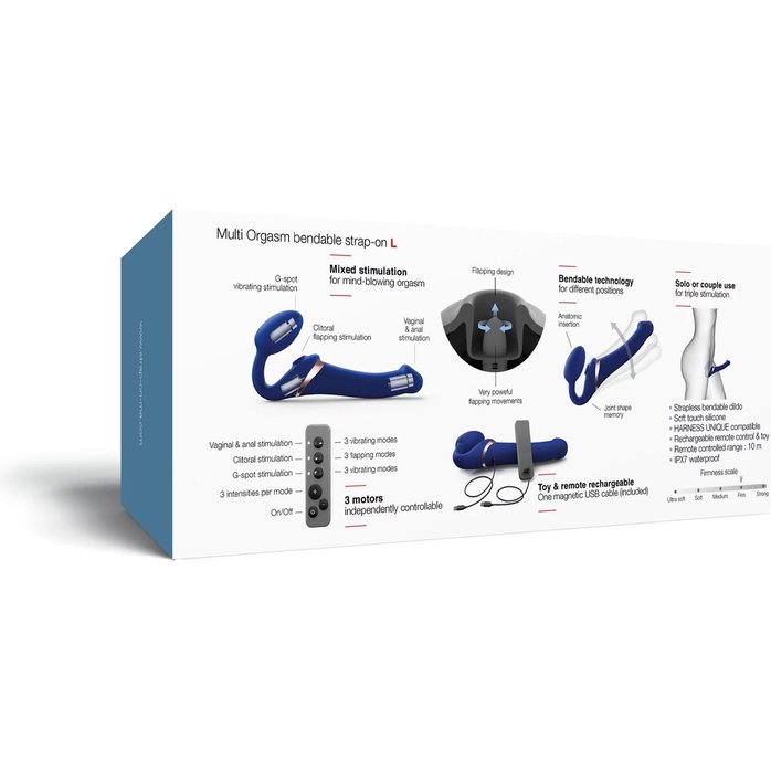 Синий безремневой страпон Multi Orgasm Bendable Strap-On size L с клиторальной стимуляцией. Фотография 7.