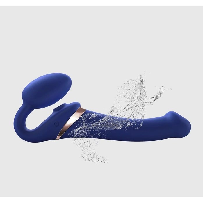 Синий безремневой страпон Multi Orgasm Bendable Strap-On size XL с клиторальной стимуляцией. Фотография 5.