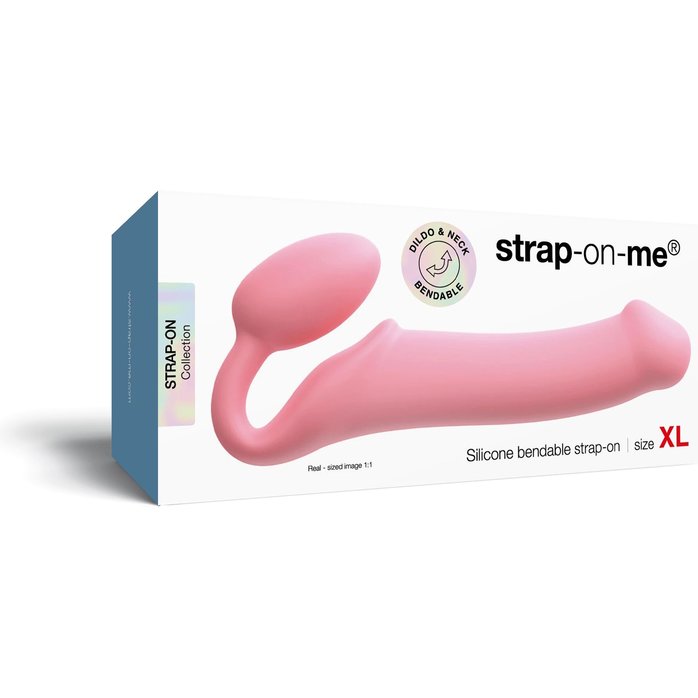Розовый безремневой страпон Strap-on-me Semi-Realistic Bendable Strap-On size XL. Фотография 5.