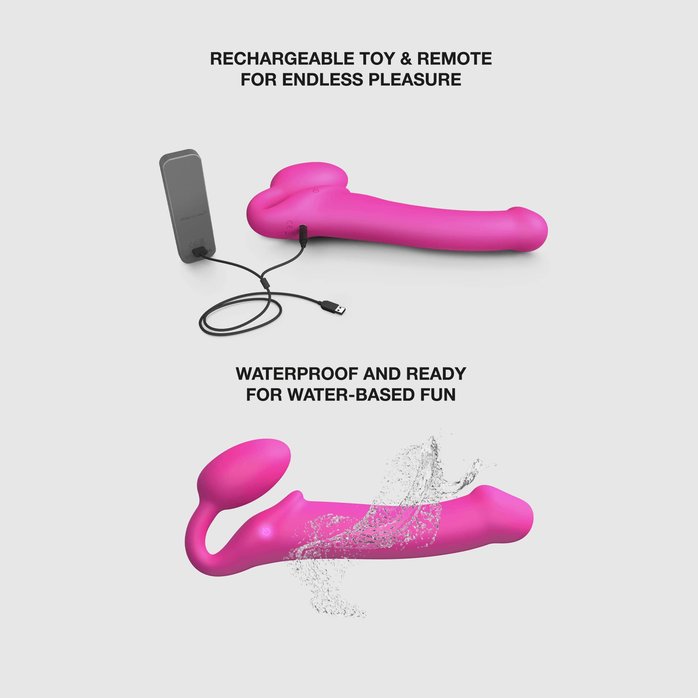 Ярко-розовый безремневой страпон Strap-on-me Vibrating Bendable Strap-On size L. Фотография 3.