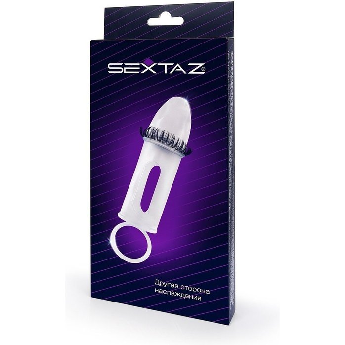 Закрытая насадка на пенис с подхватом мошонки и стимулирующими «ресничками». Фотография 7.