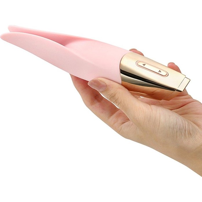 Нежно-розовый мини-вибратор с раздвоенным кончиком - 12,3 см. Фотография 5.