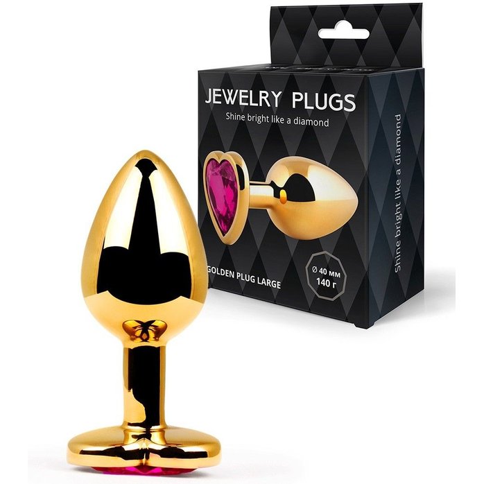 Золотистая анальная пробка с малиновым кристаллом - 9 см