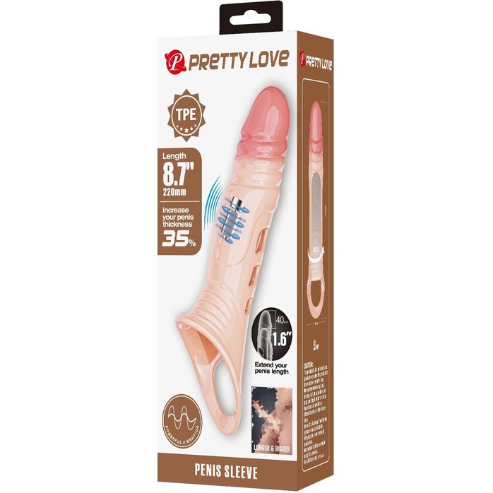 Телесная удлиняющая насадка на пенис с вибрацией - Pretty Love. Фотография 3.