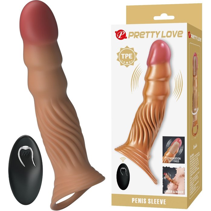 Карамельная удлиняющая насадка на пенис с вибрацией и пультом ДУ - Pretty Love. Фотография 2.