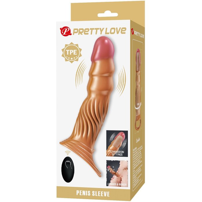 Карамельная удлиняющая насадка на пенис с вибрацией и пультом ДУ - Pretty Love. Фотография 3.