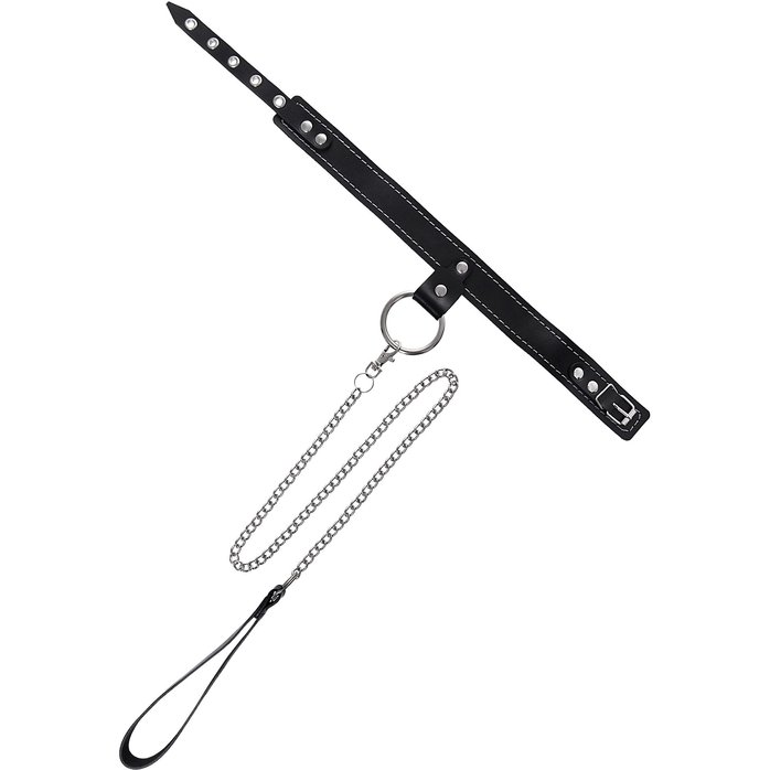 Черный узкий однослойный ошейник с серебристым поводком-цепочкой. Фотография 2.