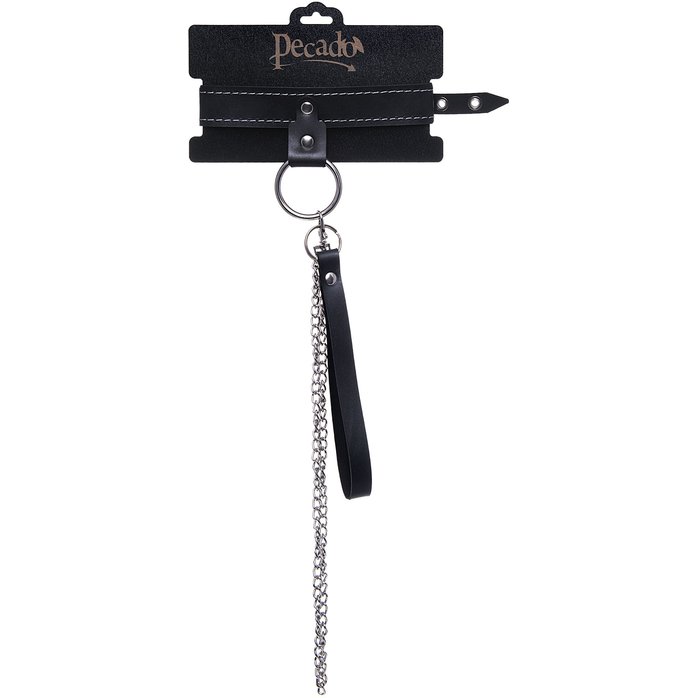 Черный узкий однослойный ошейник с серебристым поводком-цепочкой. Фотография 6.