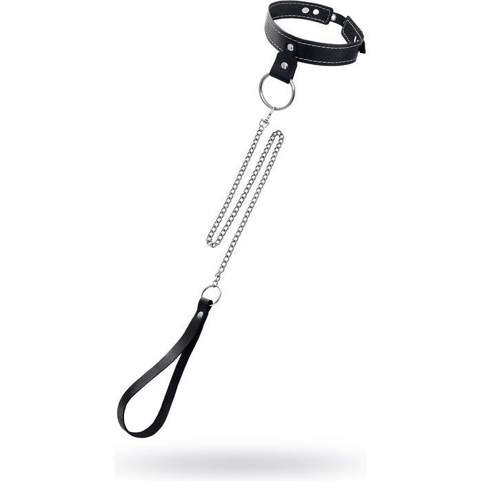 Черный узкий однослойный ошейник с серебристым поводком-цепочкой