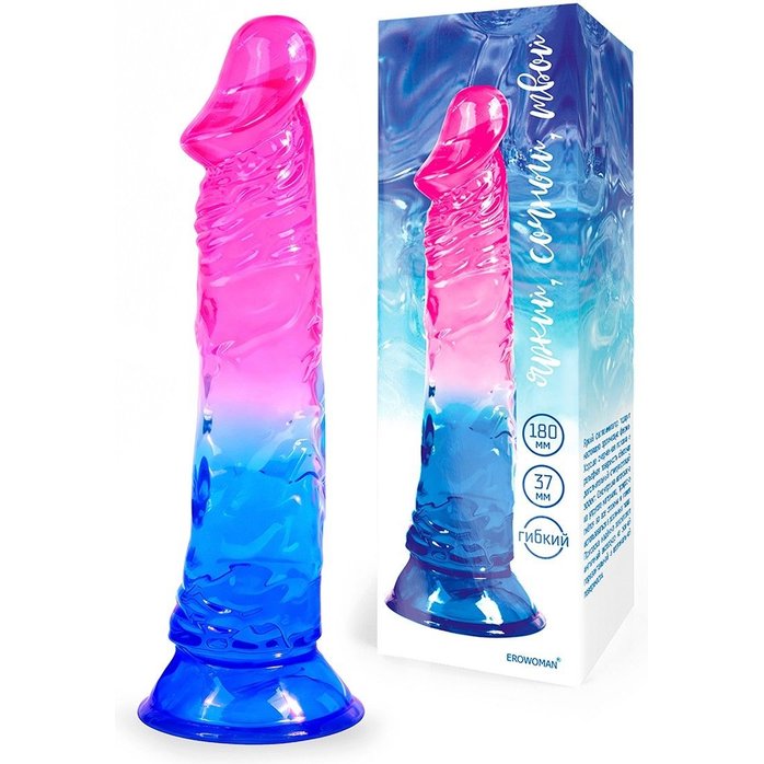 Яркий розово-синий фаллоимитатор с присоской - EROWOMAN NEW COLLECTION. Фотография 2.