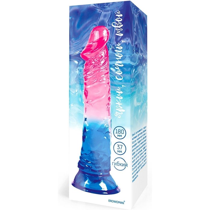Яркий розово-синий фаллоимитатор с присоской - EROWOMAN NEW COLLECTION. Фотография 4.