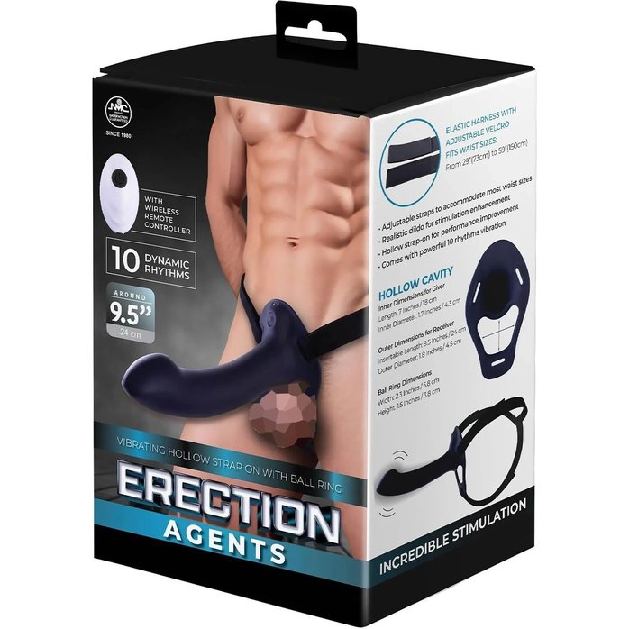 Черный полый страпон с вибрацией Erection Agents - 24,1 см. Фотография 2.