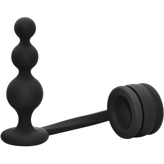 Черное эрекционное кольцо с анальной елочкой Cockring With Beaded Anal Plug - Ramrod. Фотография 2.