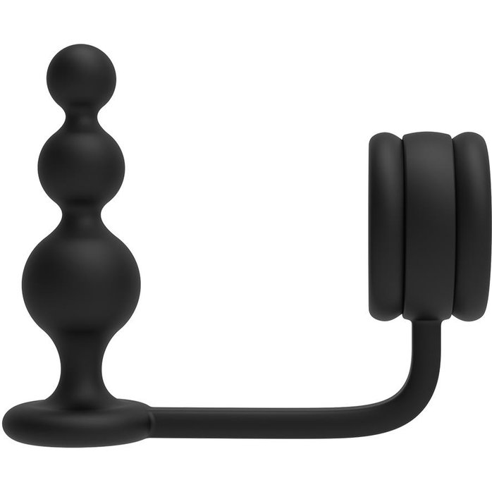 Черное эрекционное кольцо с анальной елочкой Cockring With Beaded Anal Plug - Ramrod. Фотография 4.