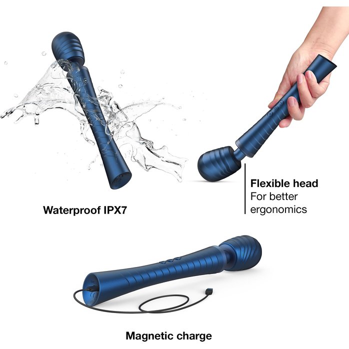 Синий вибромассажёр с насадками Man.wand Edgy. Фотография 2.